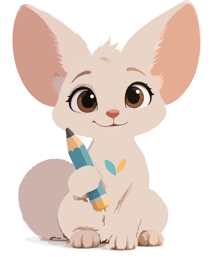 Elvi, das ELVIYO-Maskottchen, ein Fennek, hält einen Bleistift.